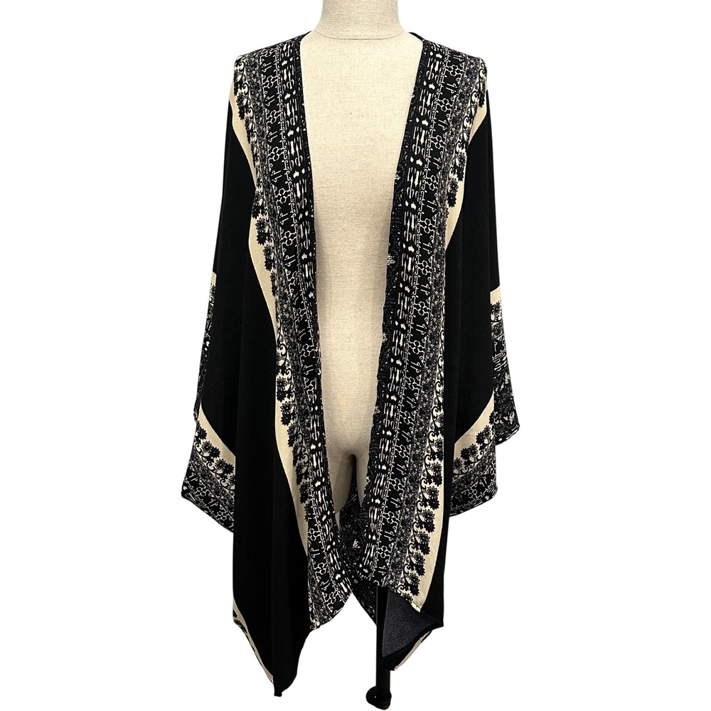 Lily‎ White Womens Large Oversized Kimono Wrap Black Cream Boho Floral 84117457